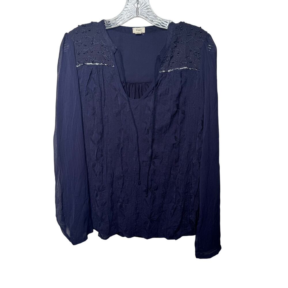 Tiny Anthropologie Navy Embroidered Peasant Blouse M Long Sleeve Boho‎ Festival